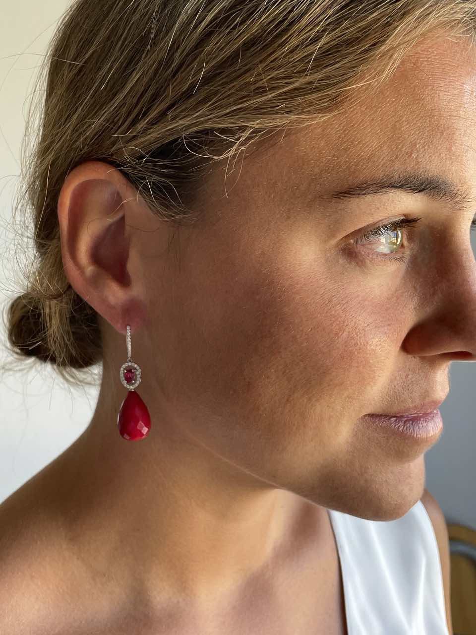 BRIGA, long diamond and ruby earrings