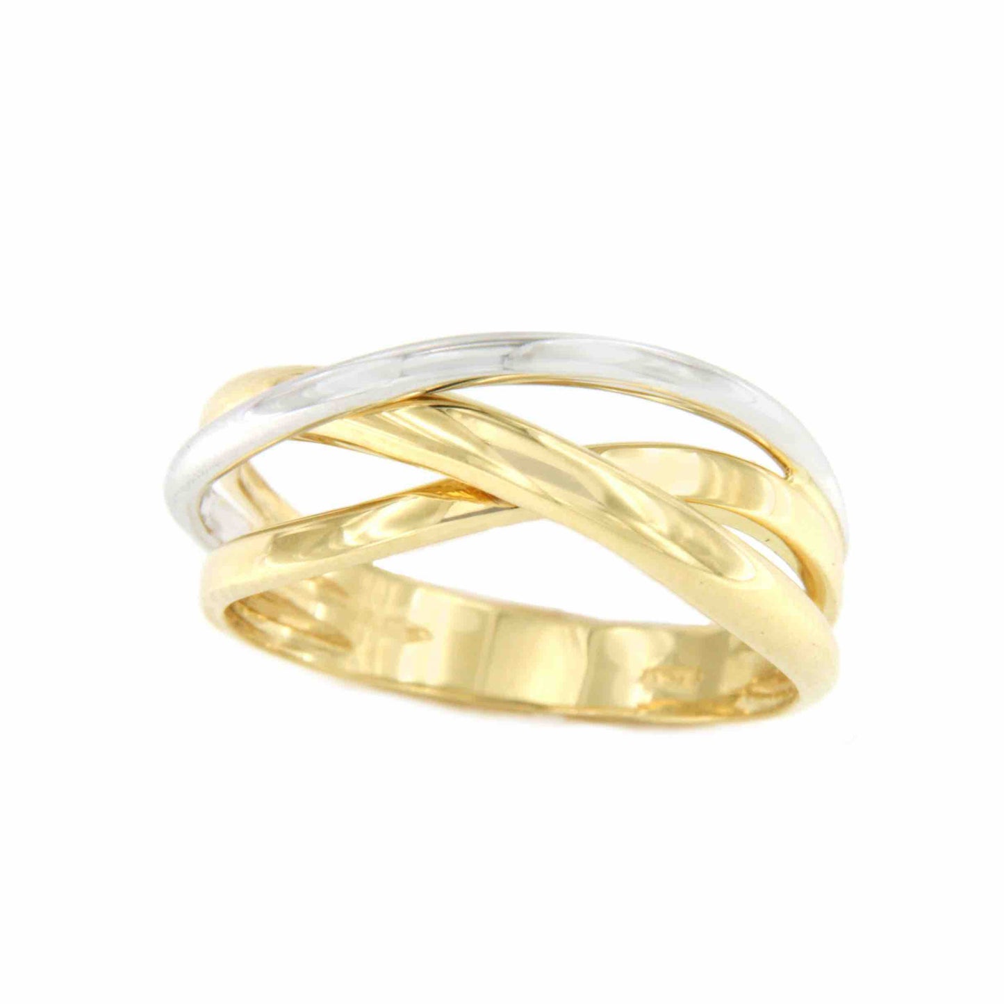 Anillo PRESA alianzas cruzadas de oro amarillo y blanco en 18 ktes