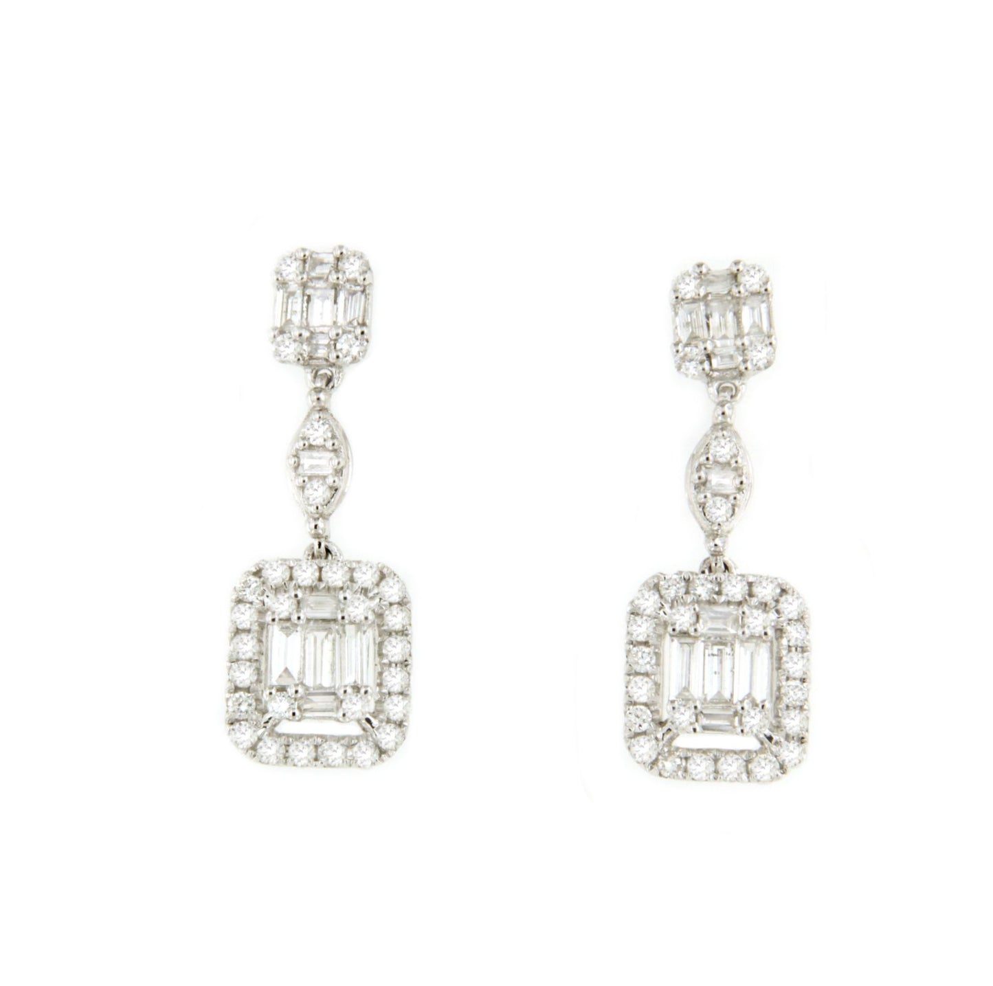 Pendiente CANTARIN de oro blanco de 18 ktes con brillantes y baguettes