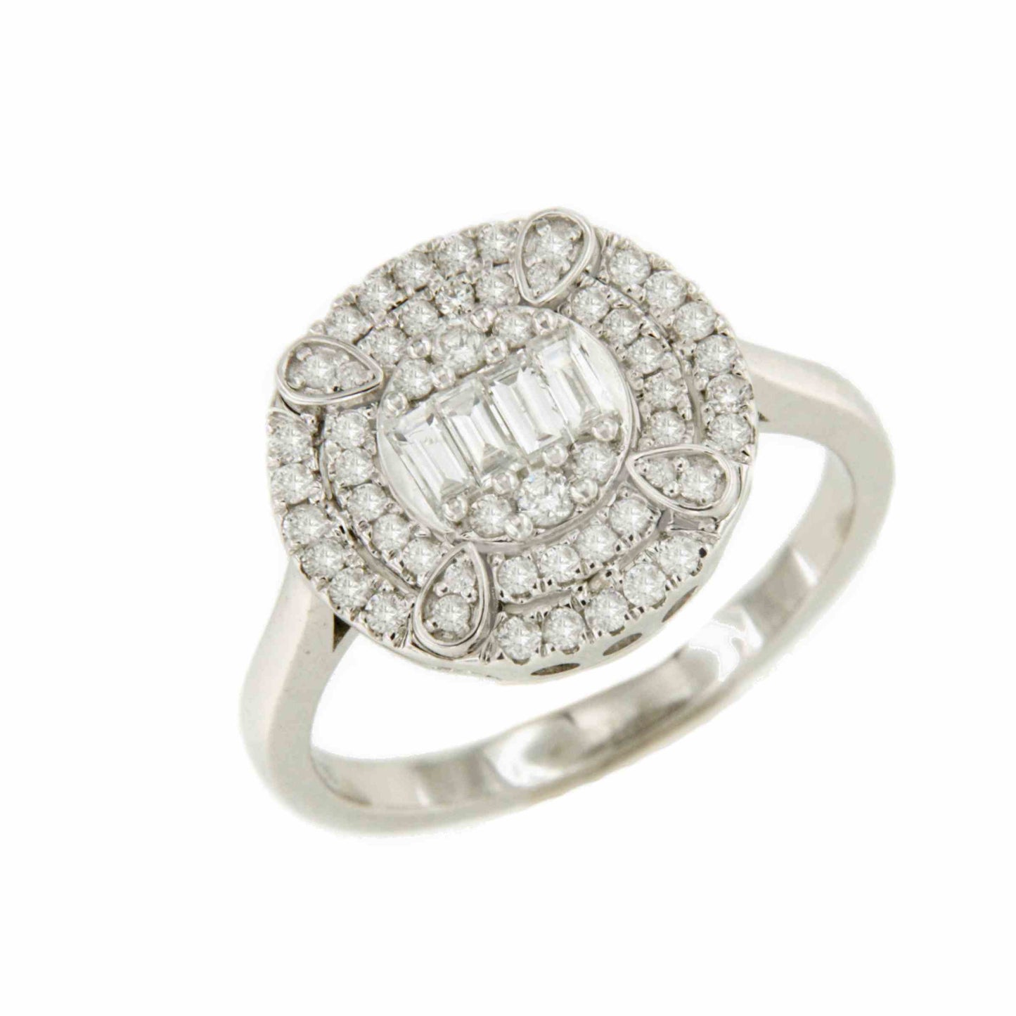 TOMASA ring with round center baguettes and diamonds in white gold