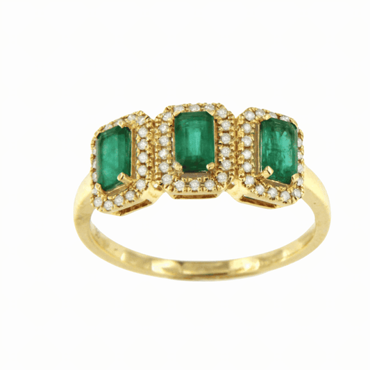ANGER ring in 18k gold with 3 emerald or sapphire centers and diamonds