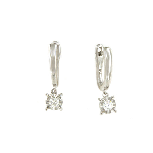 COLMAR earring, 18k white gold hoop with hanging diamond.