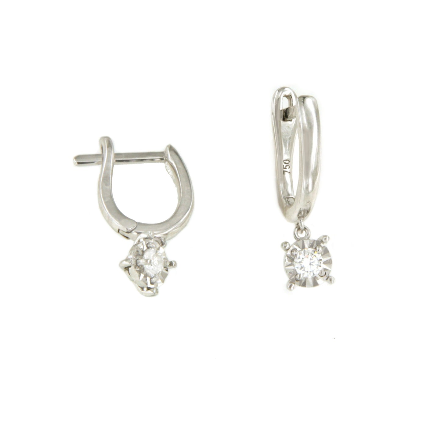 COLMAR earring, 18k white gold hoop with hanging diamond.