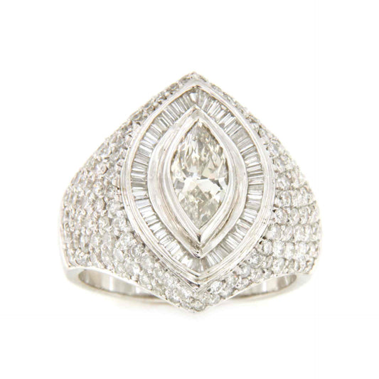 HENARES marquis ring in 18k white gold with diamonds and baguettes