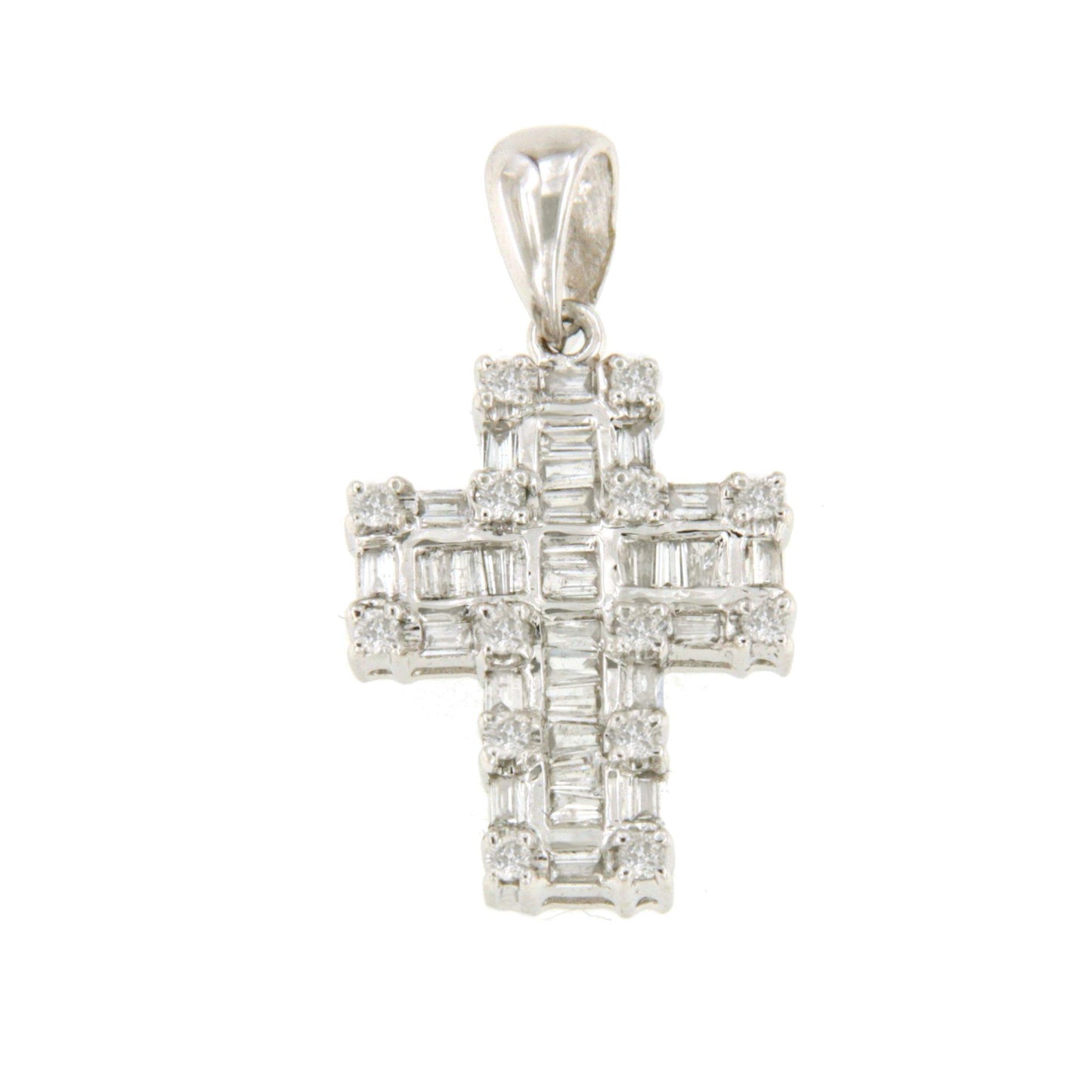 PARADA cross in 18k white gold with baguettes, taipes and diamonds
