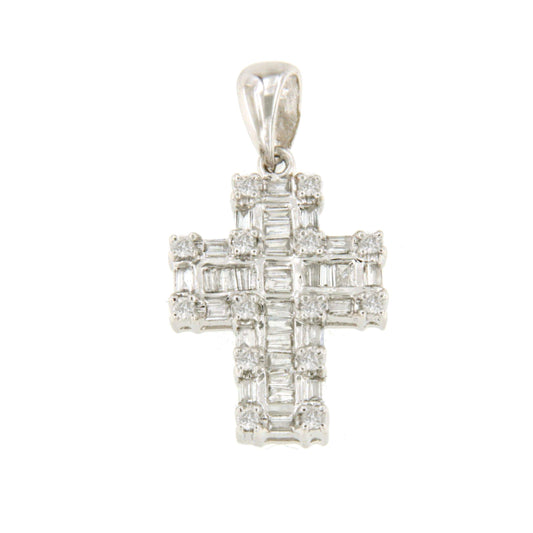 PARADA cross in 18k white gold with baguettes, taipes and diamonds