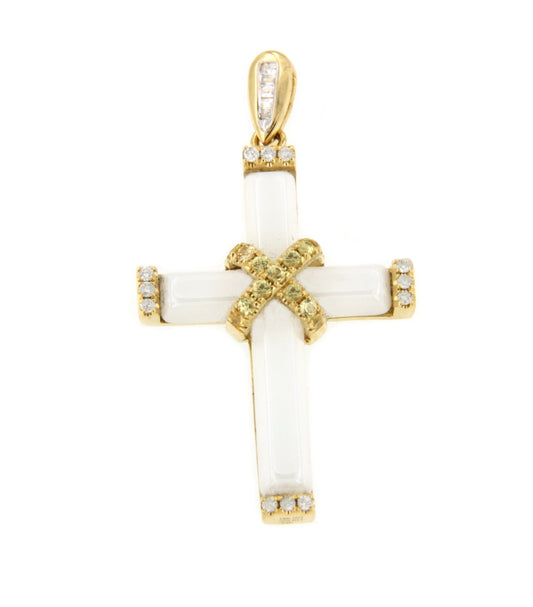 Mazagon cross in 18k yellow gold with white agate and diamonds