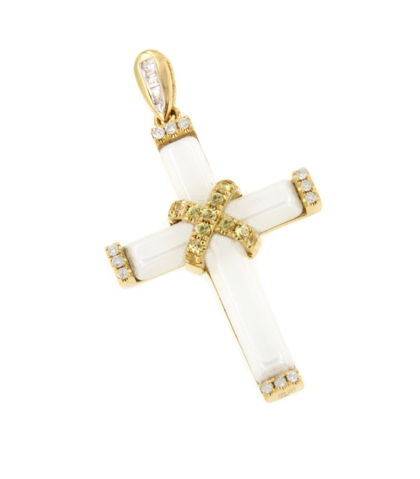 Mazagon cross in 18k yellow gold with white agate and diamonds