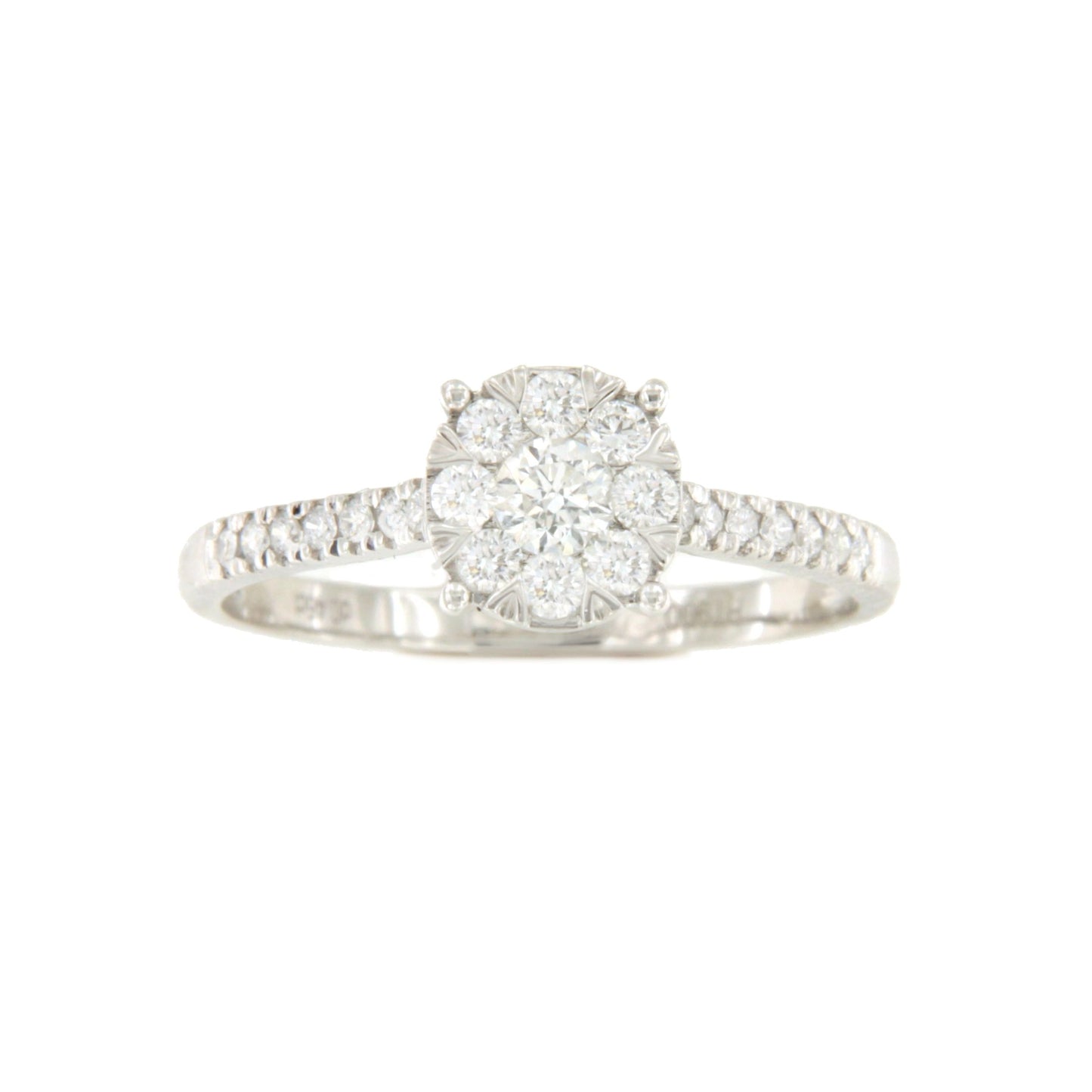 Anillo MANZANA roseta centro de brillante en oro blanco de 18 ktes