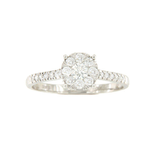 Apple ring with a rosette center and brilliant-cut diamond in 18k white gold