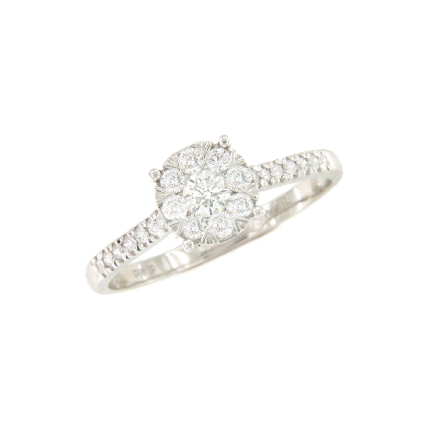 Anillo MANZANA roseta centro de brillante en oro blanco de 18 ktes