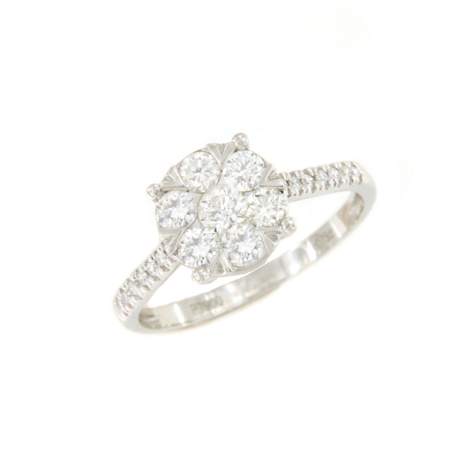 Anillo CAMU roseta centro de brillante en oro blanco de 18 ktes