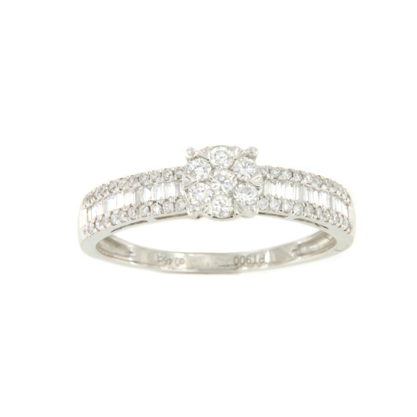 Anillo GUAYABA roseta de brillantes y baguettes en oro blanco 18 kilates