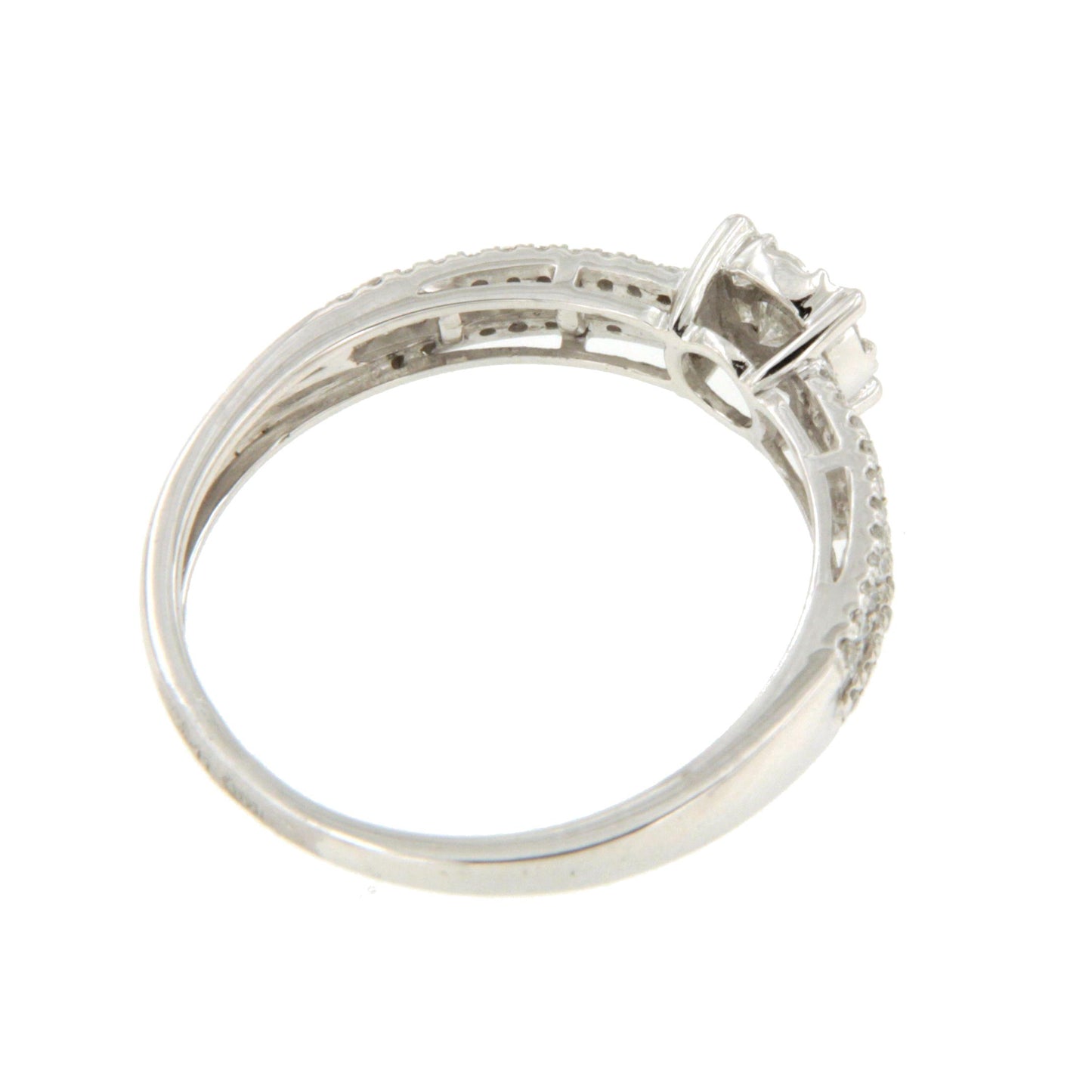 Anillo GUAYABA roseta de brillantes y baguettes en oro blanco 18 kilates