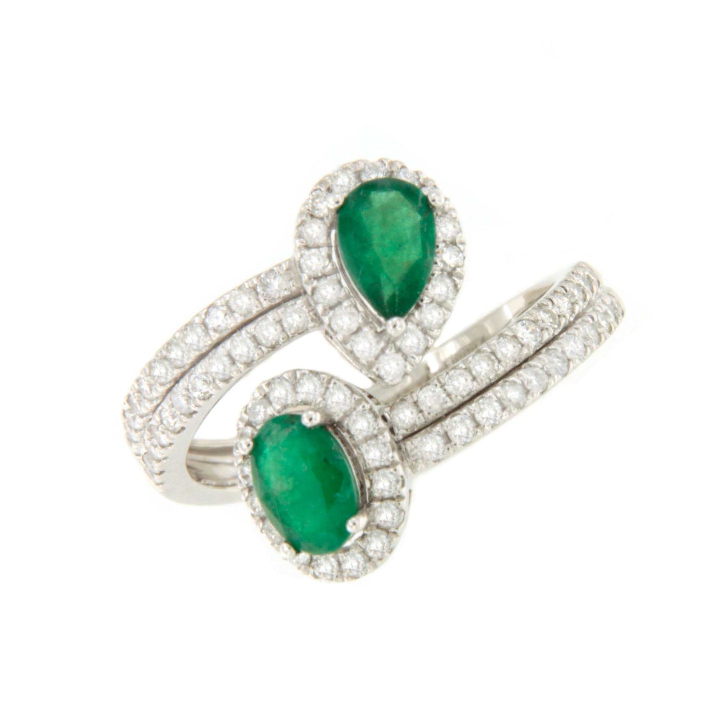Anillo NONI tu y yo con esmeralda y brillantes en oro blanco de 18 ktes