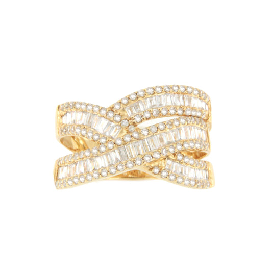AZUFAIFO ring with crossed bands and diamonds in yellow gold