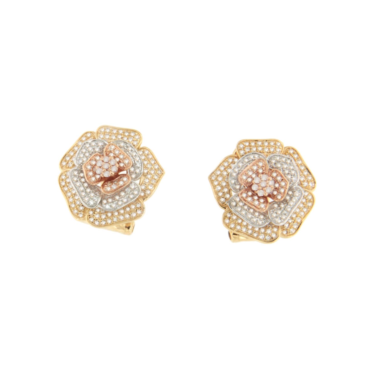 Pendientes LIMA flor en oro de tres colores 18 kilates con brillante