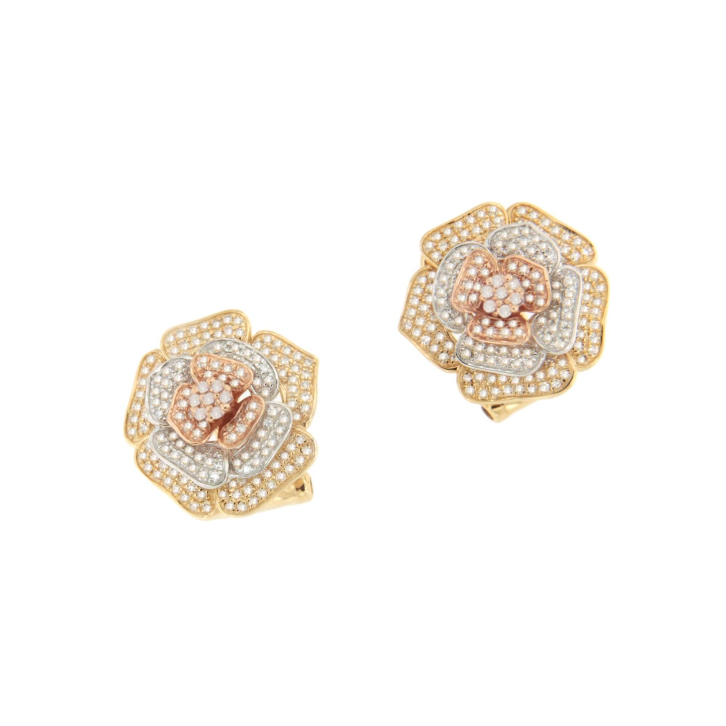 Pendientes LIMA flor en oro de tres colores 18 kilates con brillante