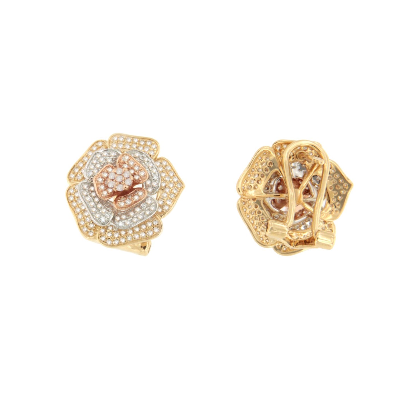 Pendientes LIMA flor en oro de tres colores 18 kilates con brillante