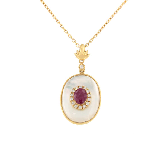 PAYAYA choker with oval pendant in ruby, diamonds and mother-of-pearl in yellow gold