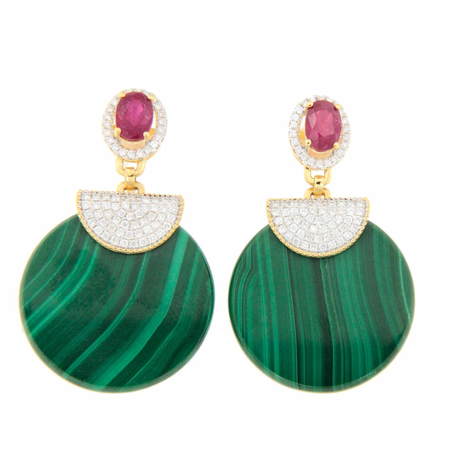 Pendientes AGUAJE oro amarillo 18 ktes con rubie, malaquita y brillantes
