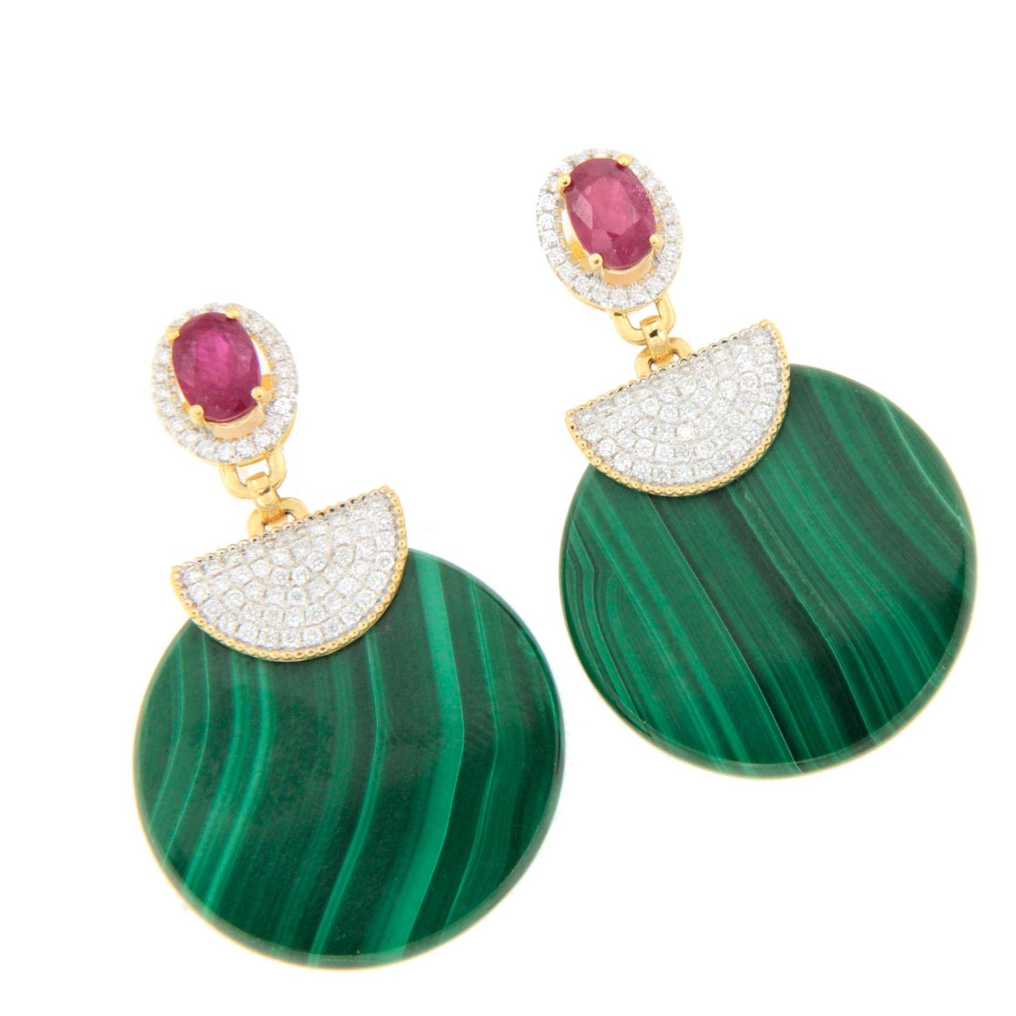Pendientes AGUAJE oro amarillo 18 ktes con rubie, malaquita y brillantes