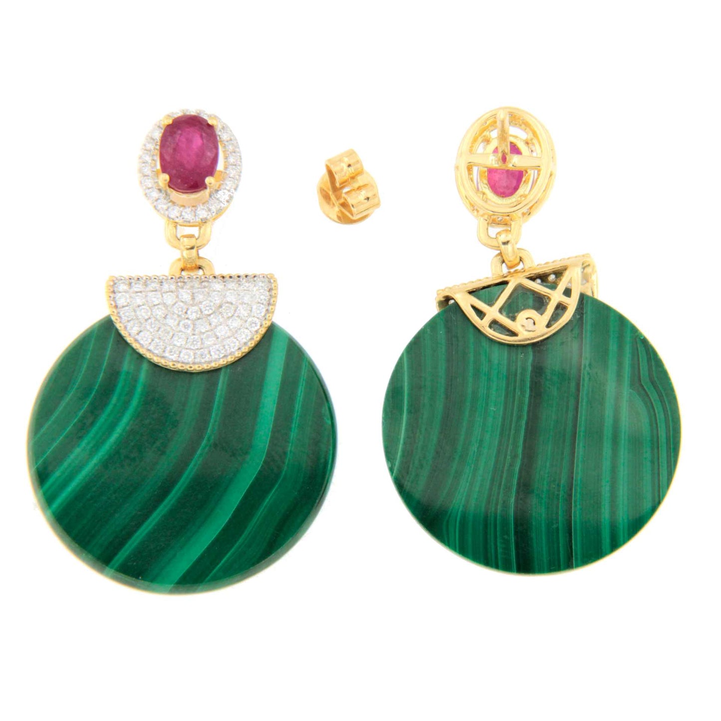 Pendientes AGUAJE oro amarillo 18 ktes con rubie, malaquita y brillantes