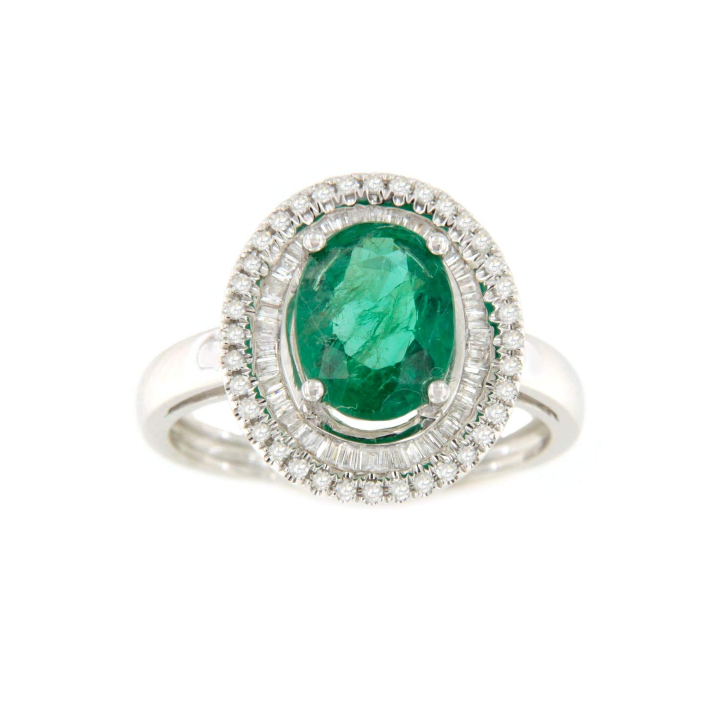 Anillo GUARANA roseta esmeralda baguettes y brillantes oro blanco de 18 ktes