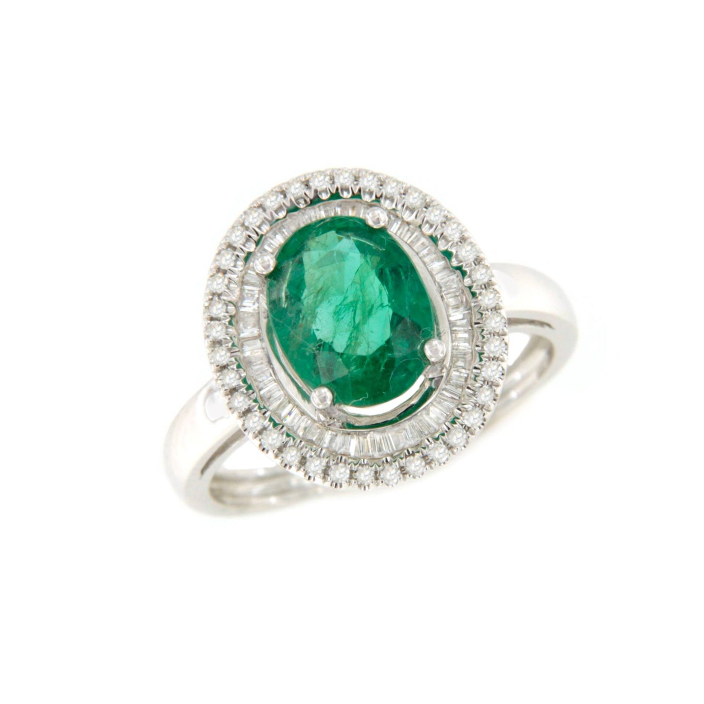 Anillo GUARANA roseta esmeralda baguettes y brillantes oro blanco de 18 ktes