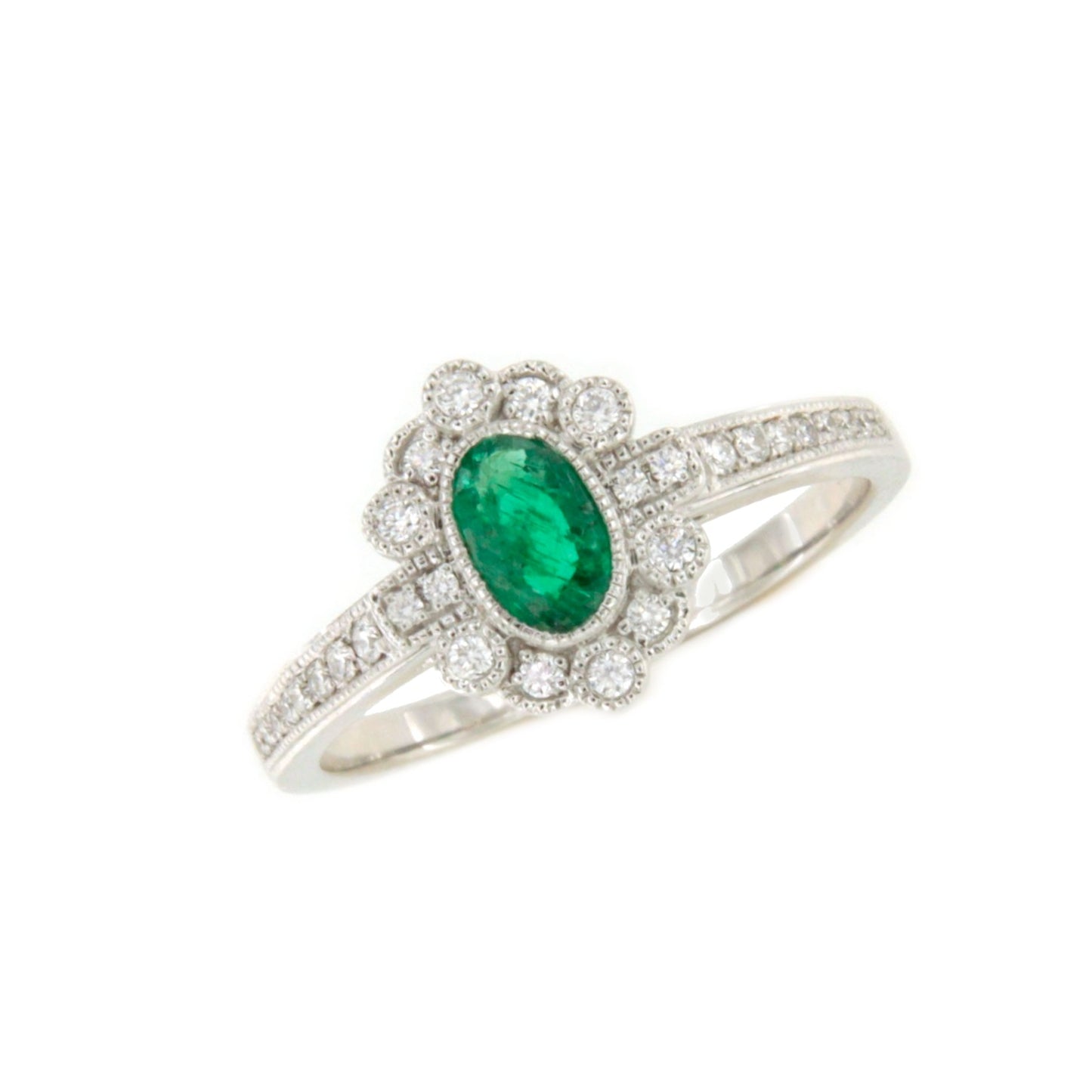 Anillo LONGA roseta esmeralda oval y brillantes oro blanco de 18 ktes.
