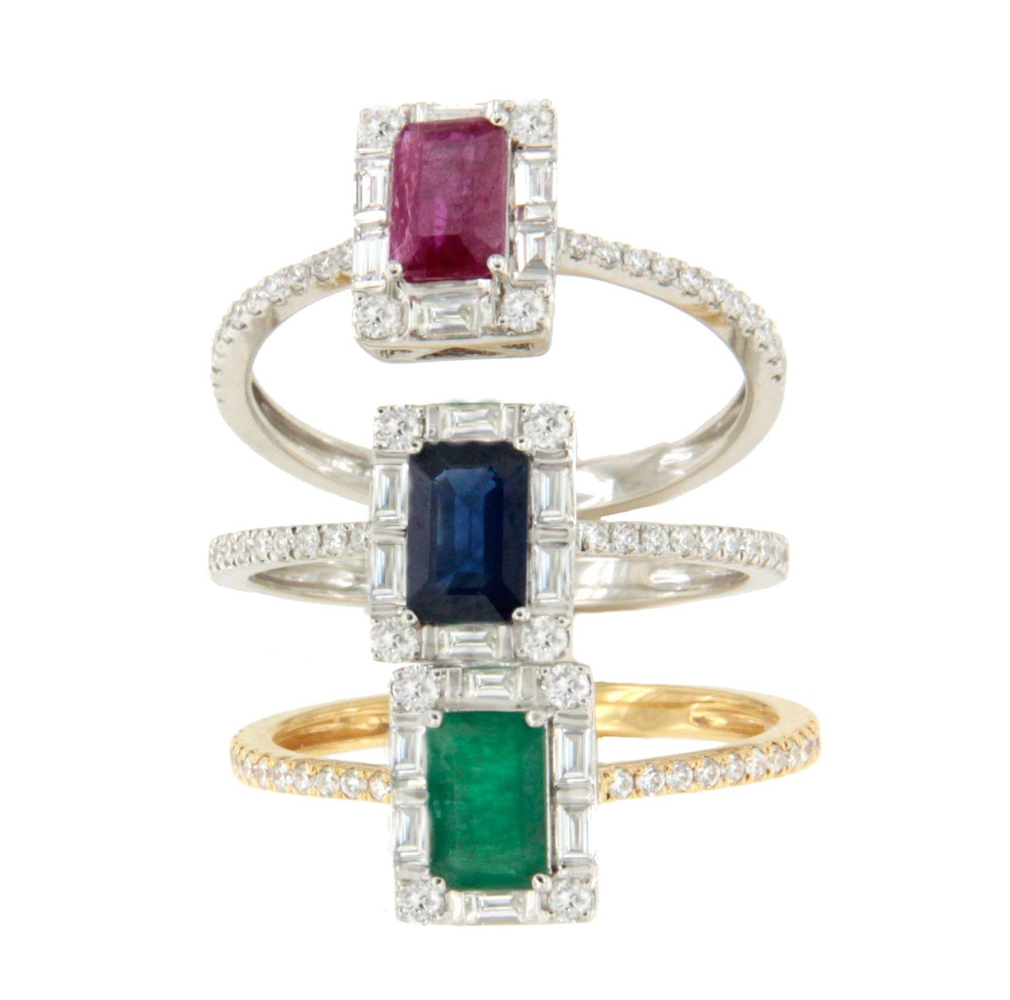 Anillo TAMARINDO roseta esmeralda, rubi o zafiro y brillantes oro blanco 18 ktes