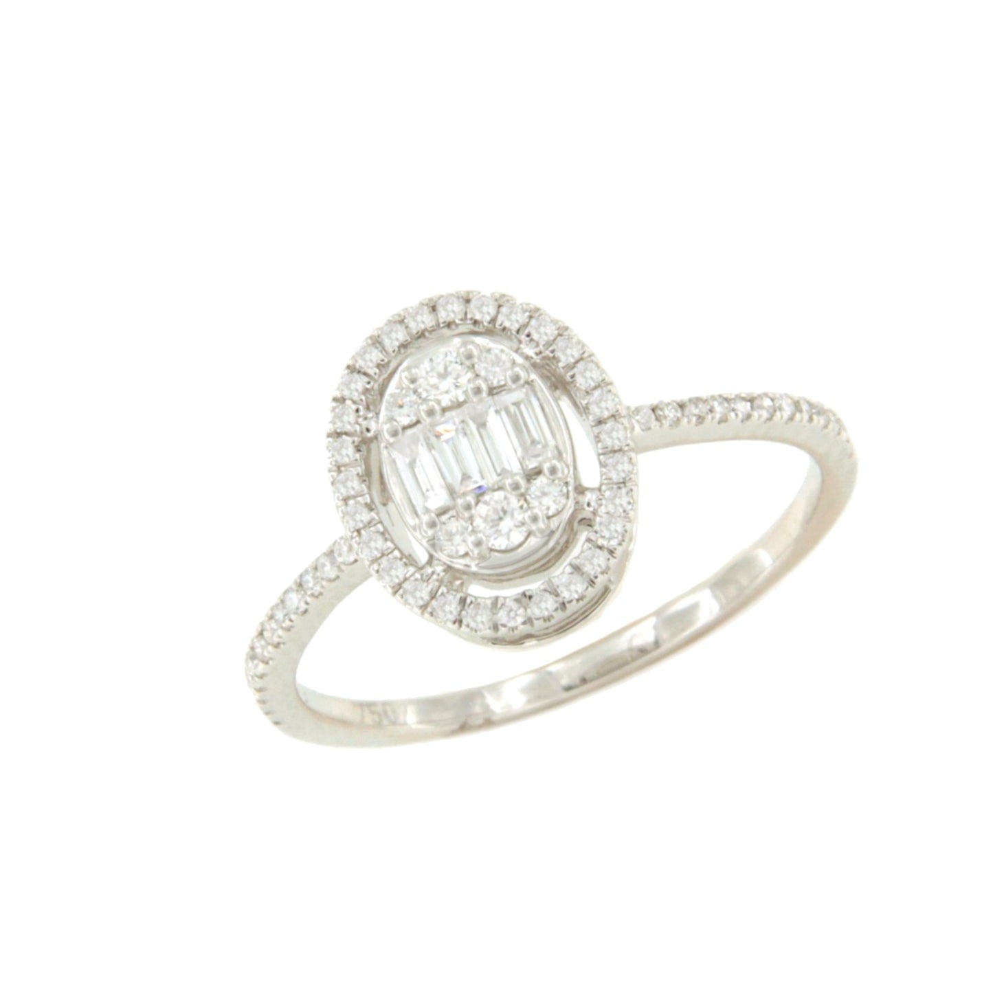 Anillo OLIENA oval en oro blanco 18 ktes con brillantes y baguettes.
