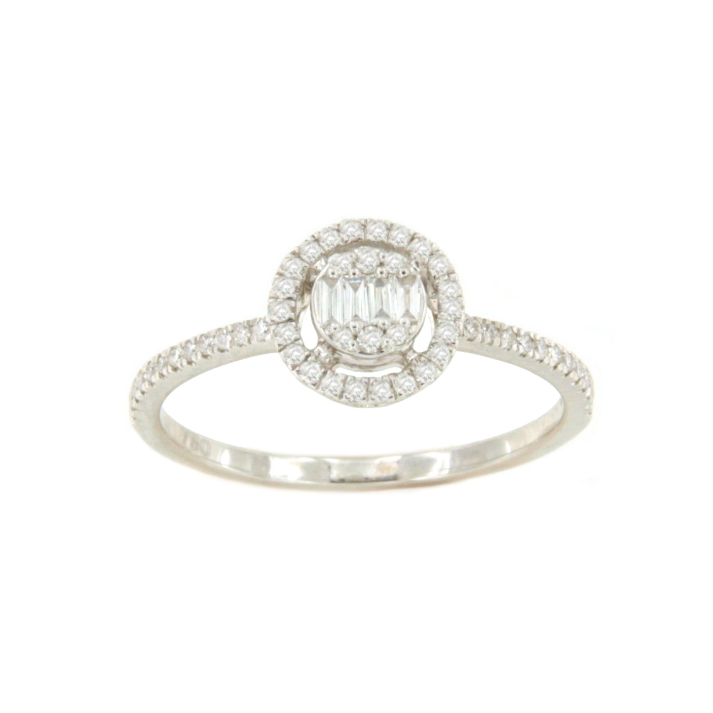 Anillo BERGEN redondo en oro blanco 18 ktes con brillantes y baguettes.