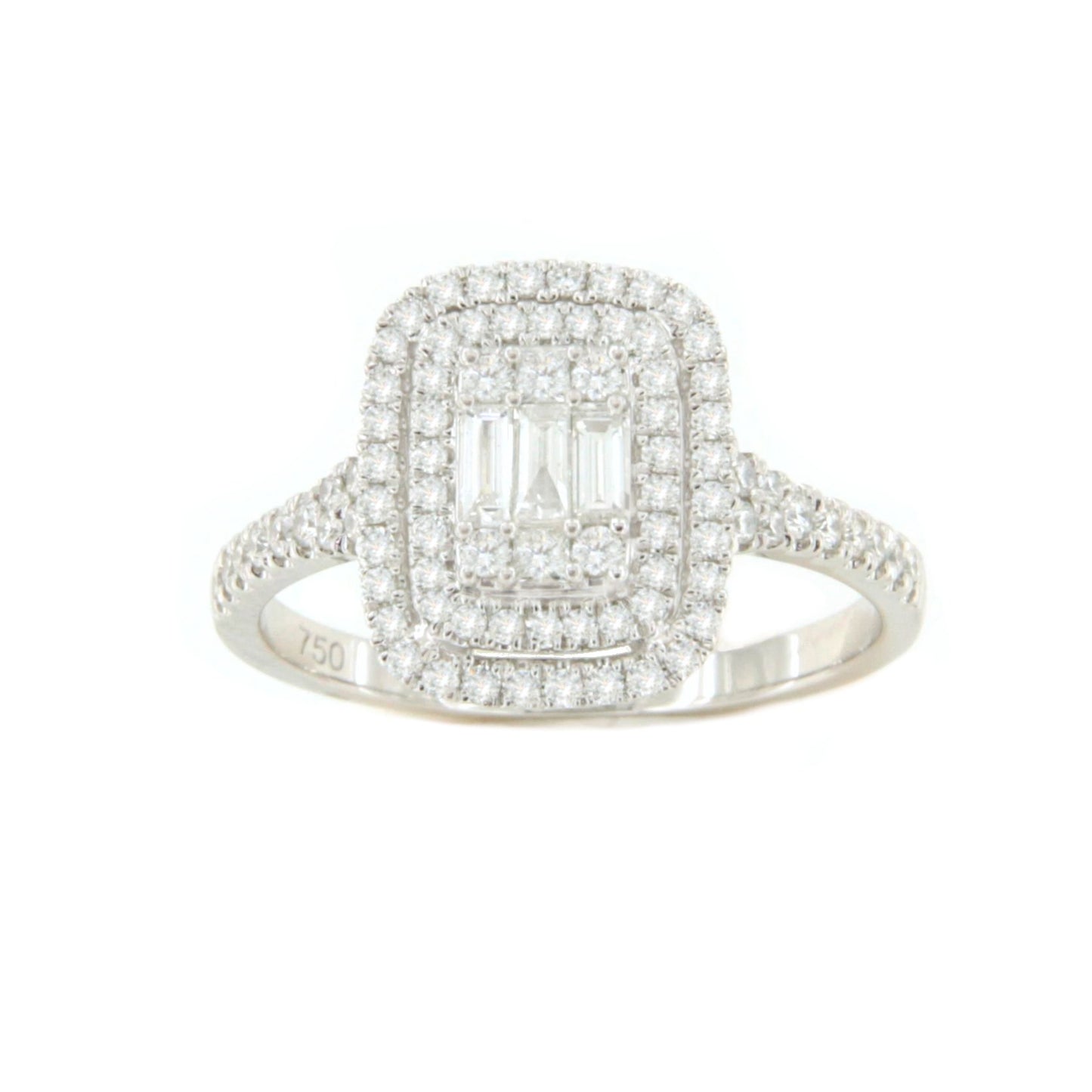 Anillo MANDORA en oro blanco 18 ktes con brillantes y baguettes
