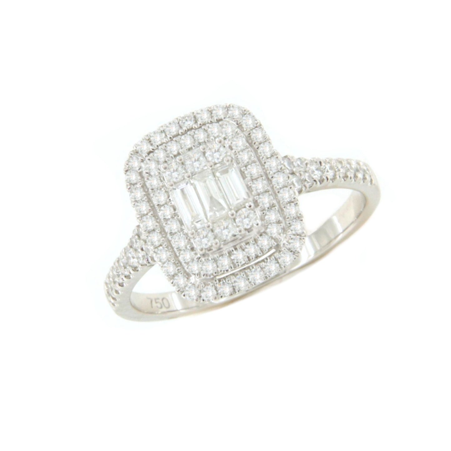 Anillo MANDORA en oro blanco 18 ktes con brillantes y baguettes
