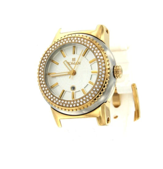 Roman yellow and white watch with white rubber strap.