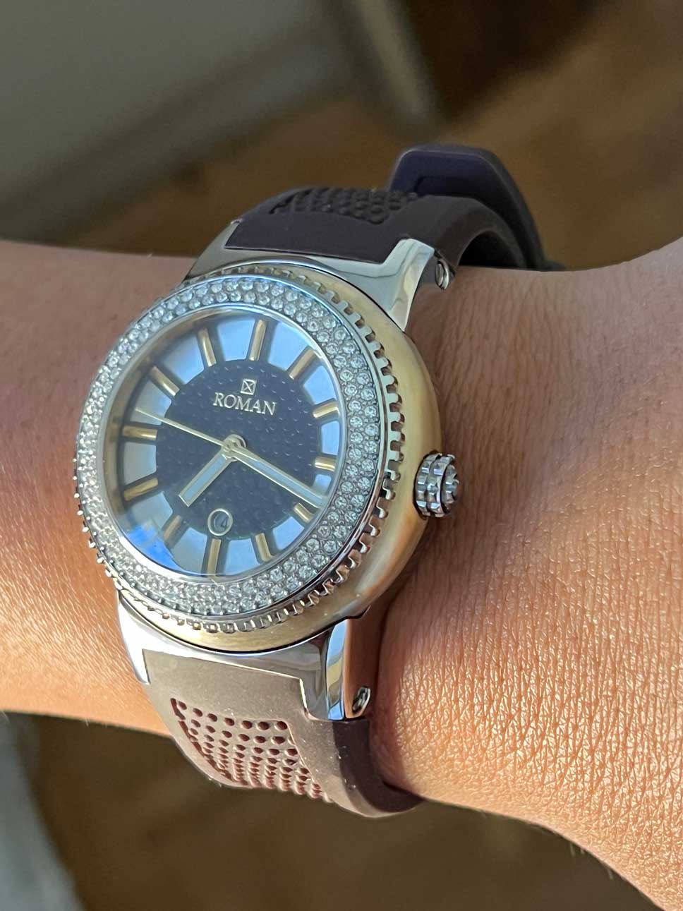 Roman gold and silver watch with brown rubber strap