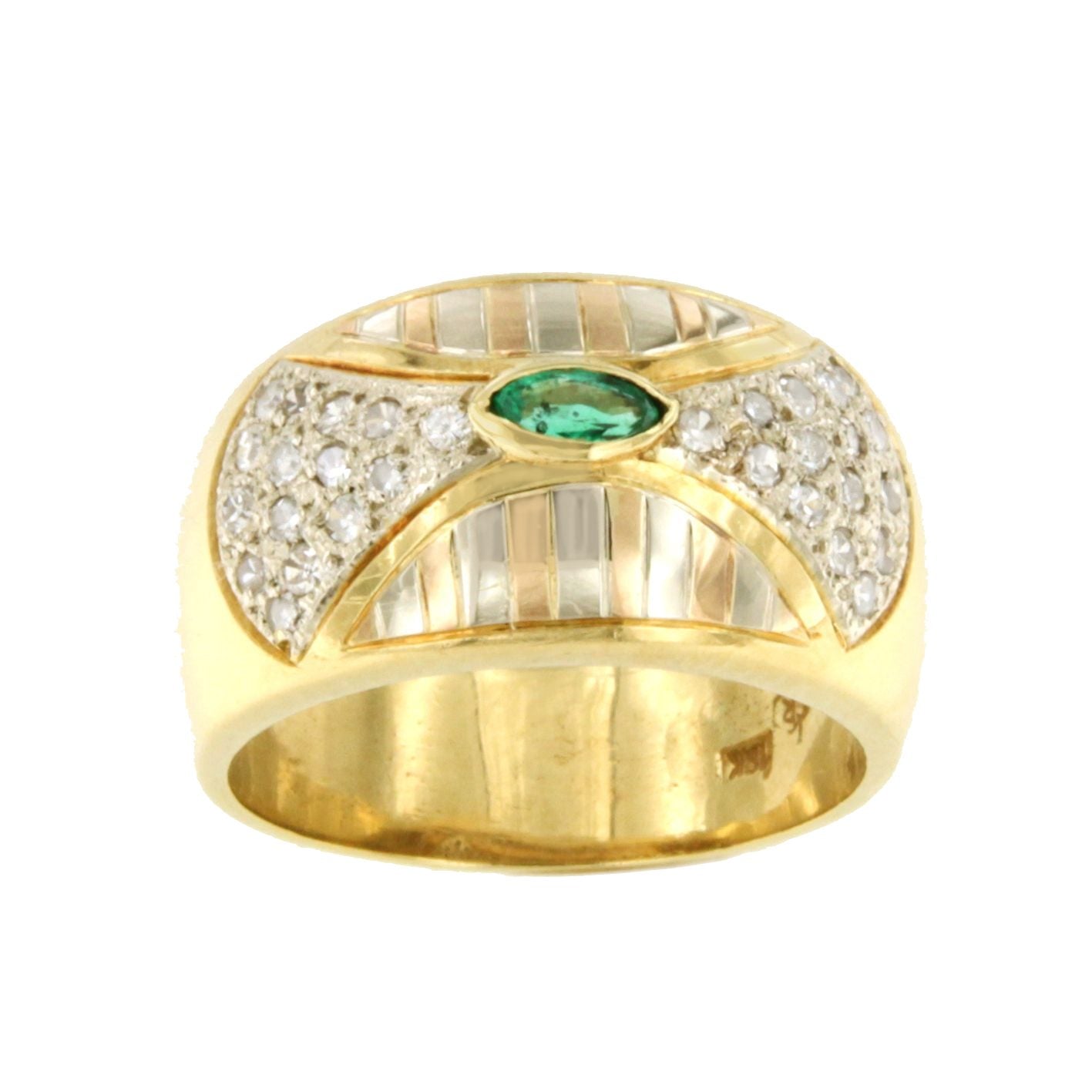 LAMUS ring with emerald and diamonds in 18k three-color gold