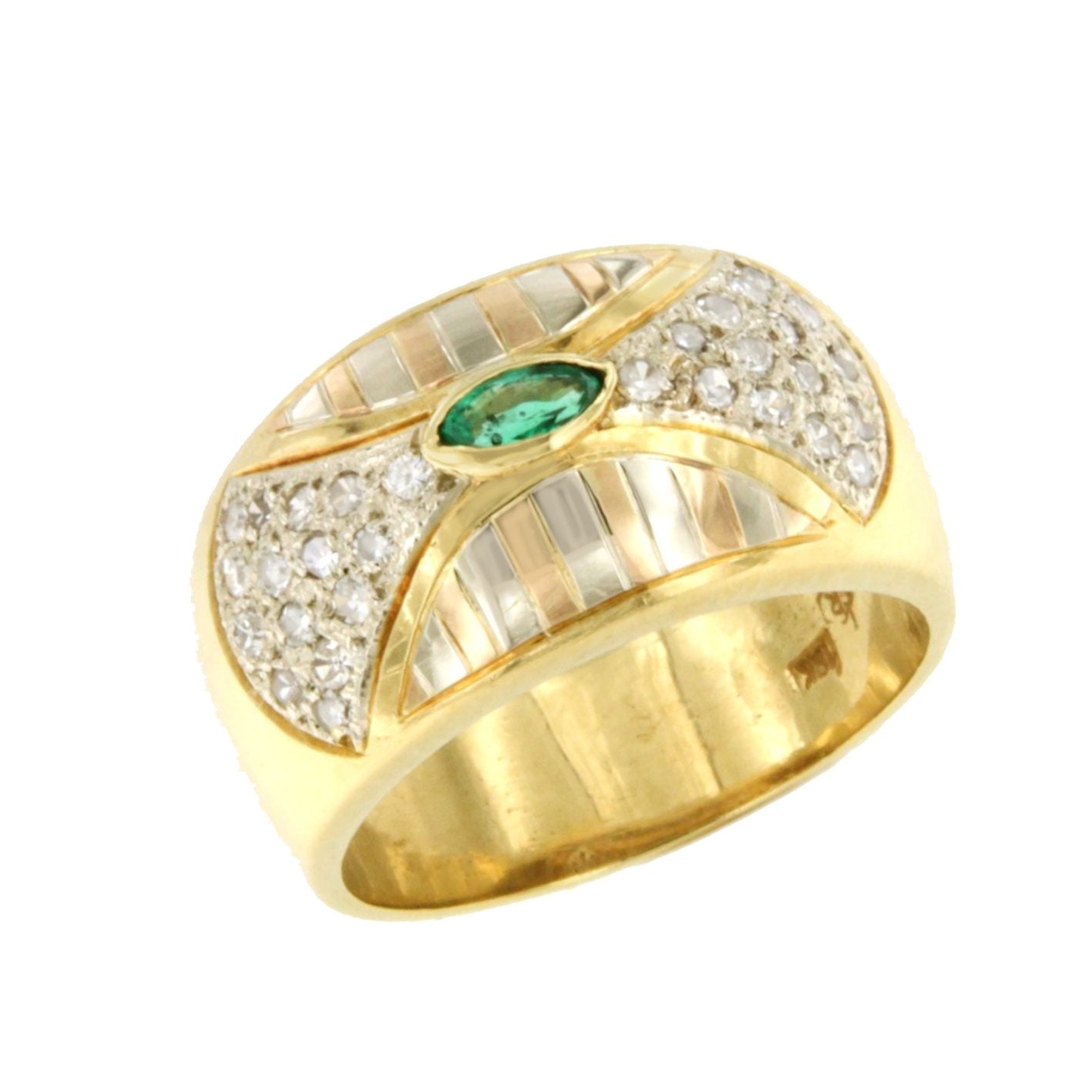LAMUS ring with emerald and diamonds in 18k three-color gold