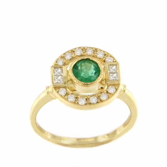 Bell ring in 18k white or yellow gold with emerald and sapphire