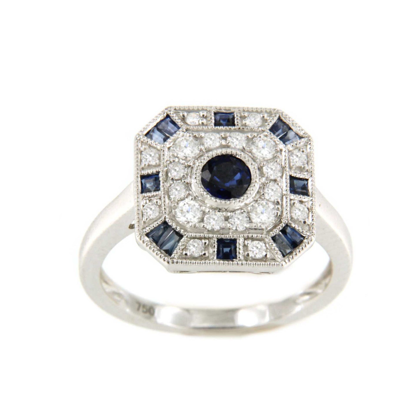 Zebra ring in 18k white gold with diamonds and sapphire in art deco style