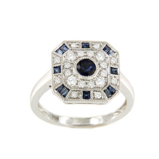 Zebra ring in 18k white gold with diamonds and sapphire in art deco style