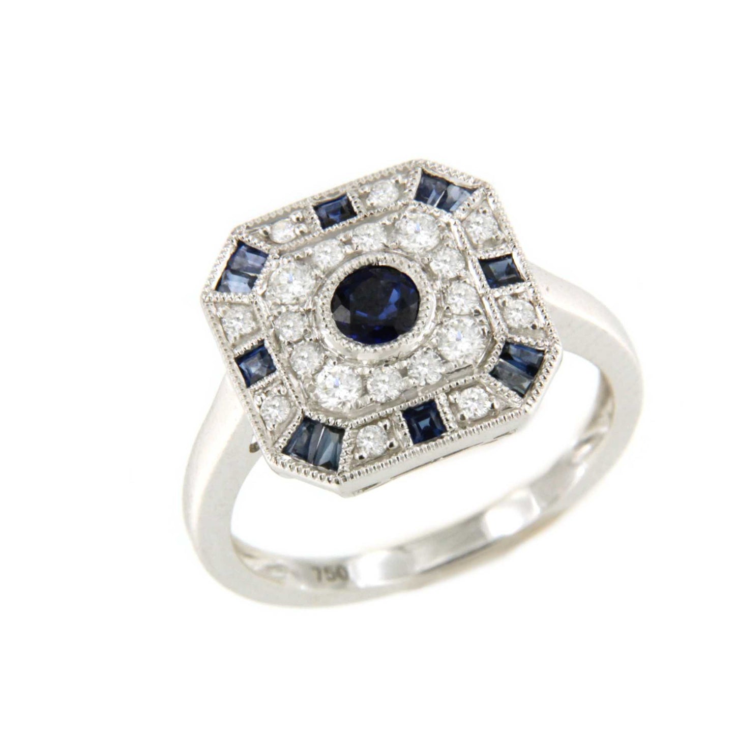 Zebra ring in 18k white gold with diamonds and sapphire in art deco style