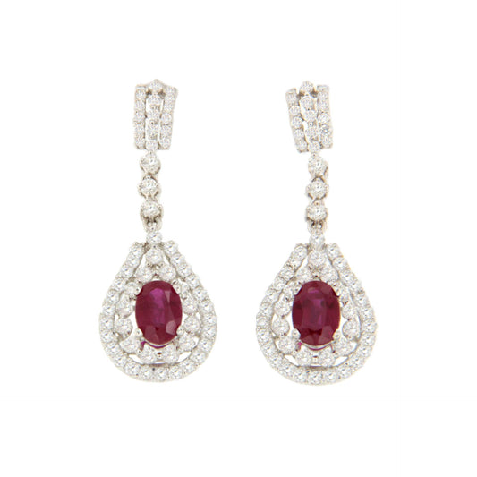 Mandarin long earrings in 18k white gold with rubies and diamonds