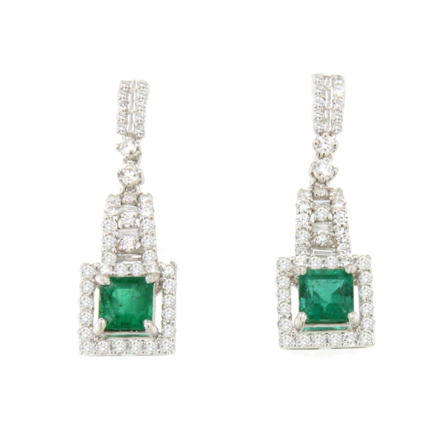Pendientes PERSIMO largos oro blanco 18 ktes esmeralda y brillantes