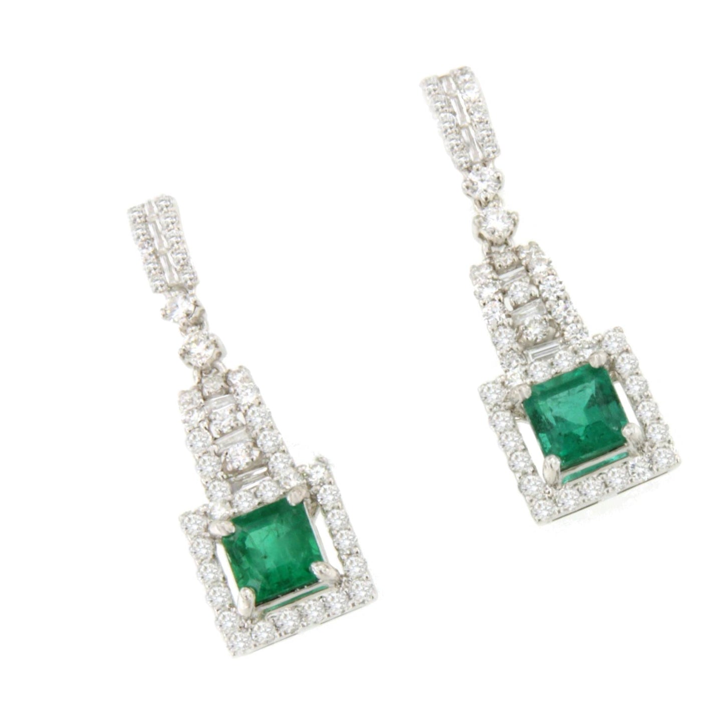 Pendientes PERSIMO largos oro blanco 18 ktes esmeralda y brillantes