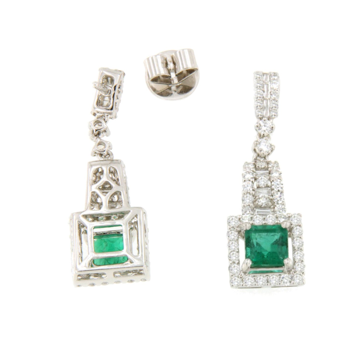 Pendientes PERSIMO largos oro blanco 18 ktes esmeralda y brillantes