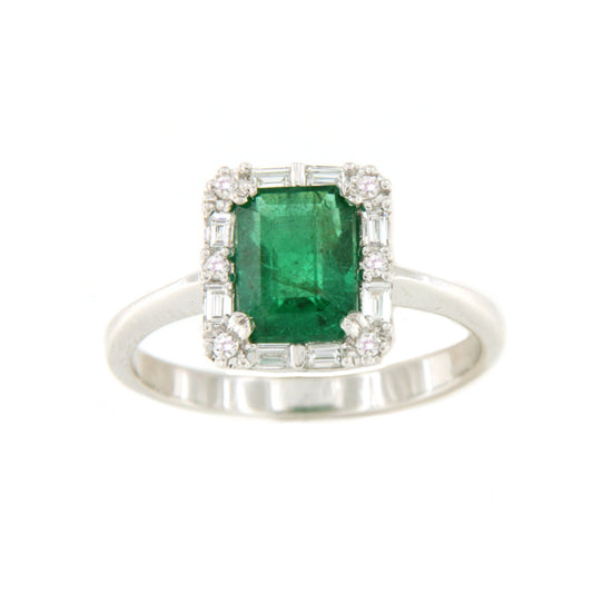 BETANZO ring with emeralds, baguettes and diamonds in 18k white gold