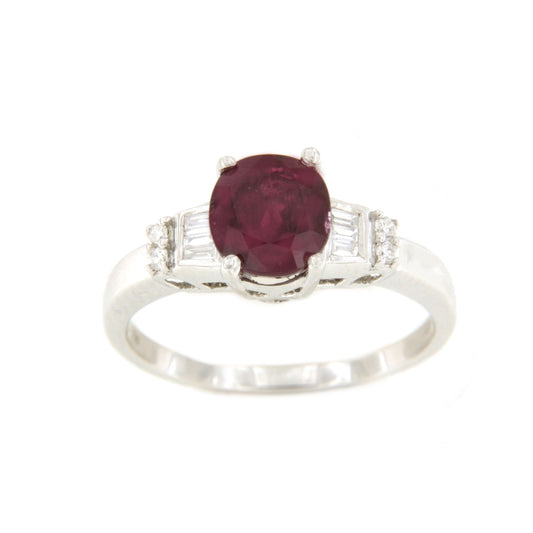 FERROL ring with ruby center and diamonds in 18k white gold.