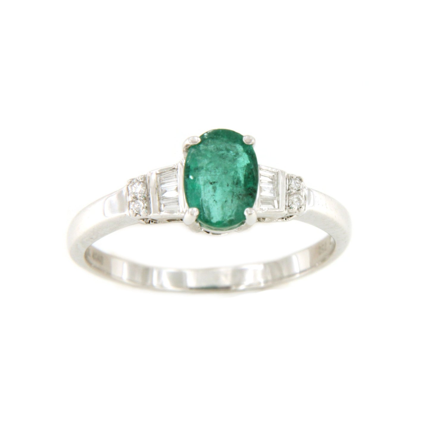 CAMBADOS ring with emerald center and diamonds in 18k white gold.